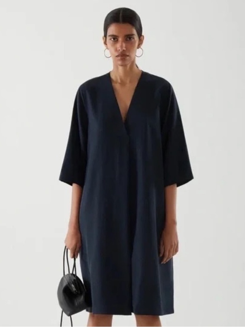 Vince Navy V-Neck Midi Shift Linen 3/4 Sleeve Boho Dress Medium M